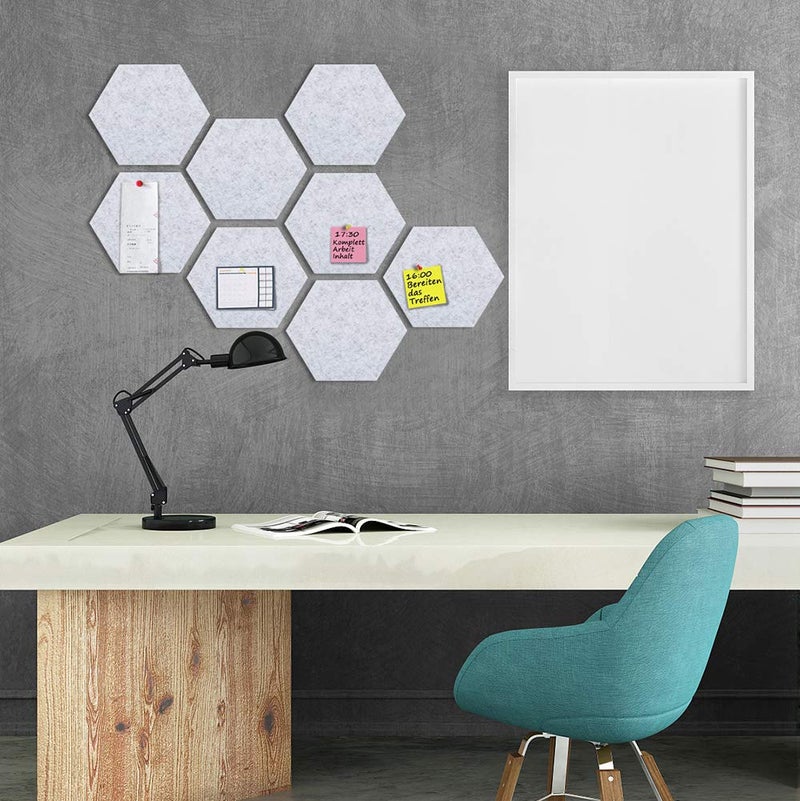 Uoisaiko Felt Hexagon Bulletin Board with 20 Push Pins, Pack of 8 Notice Boards for Home Office Kitchen, Push Pin Board Felt Wall Tiles for Photos Memos - Image 4